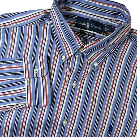 NEW Ralph Lauren Mens Large Classic Fit Button Down Shirt Striped Blue Red White